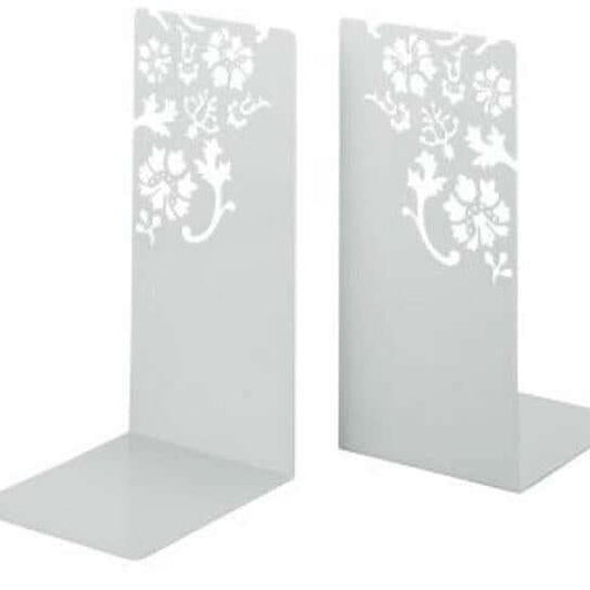 white metal bookends with floral engravings.حواجز كتب معدنية بحفر ورد واللون ابيض